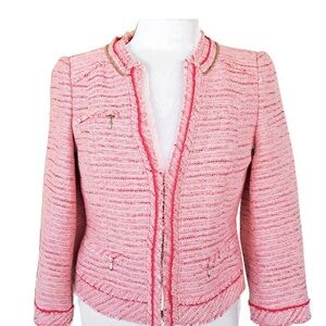 ✨ WHBM Pink Tweed Cropped Blazer Gold Chain & Fringe Detail Sz 2
